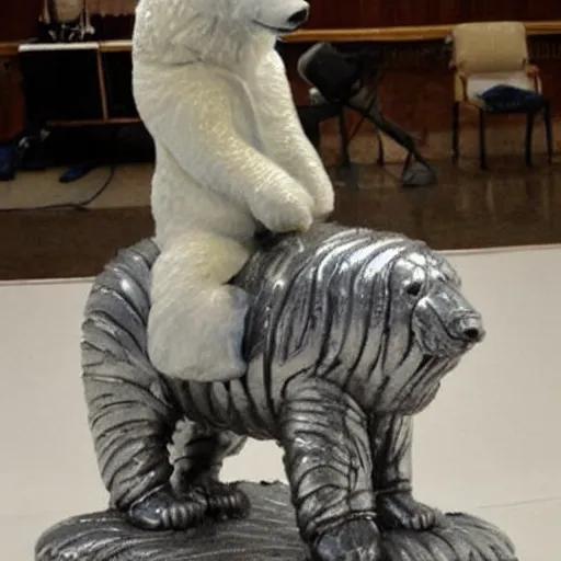 Prompt: biden riding a polar bear, metal sculpture