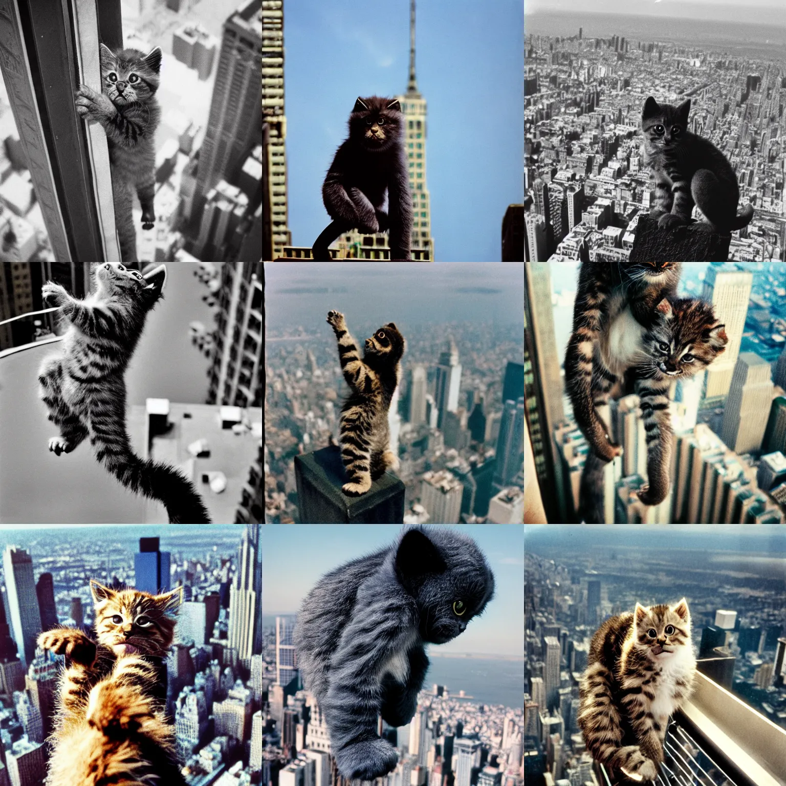 Prompt: cinestill of kitten king kong climbing the empire state building