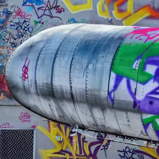 Image similar to a detailed photo of an airship full of graffiti