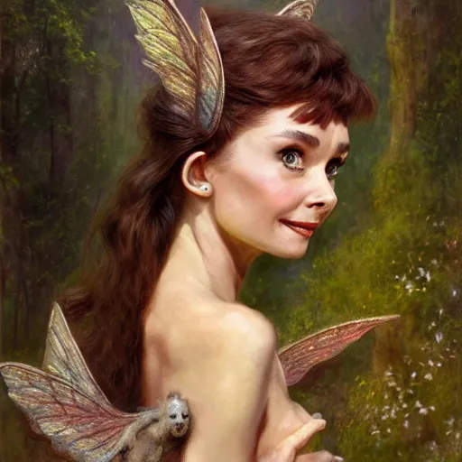 Image similar to audrey hepburn as a winged fairy in a fantasy forest, various backgrounds, highly detailed, digital painting, artstation, matte, illustration, art by gaston bussiere, artgerm, greg rutkowski, tom bagshaw