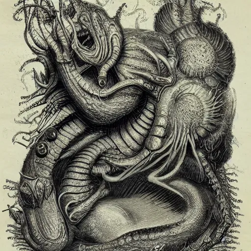 Image similar to bestiary of creatures from the depths of the unconscious psyche