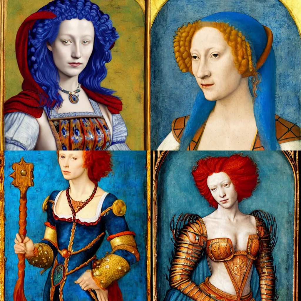 Prompt: A blue merfolk woman with red hair and ornate armor, portrait in renaissance style.