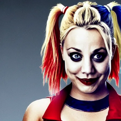 Image similar to A still of Kaley Cuoco as Harley Quinn