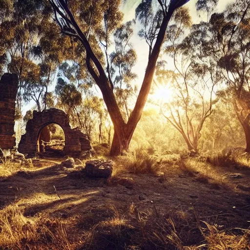 Prompt: Beautiful photo of a interesting ancient stone ruin in an Australian forest, little remaining, golden hour photography, sun hidden, blue sky, trees in the background, wallpaper, 4k