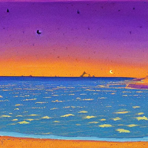 Prompt: a beautiful painting of a sunny beach with a star filled sky above by moebius