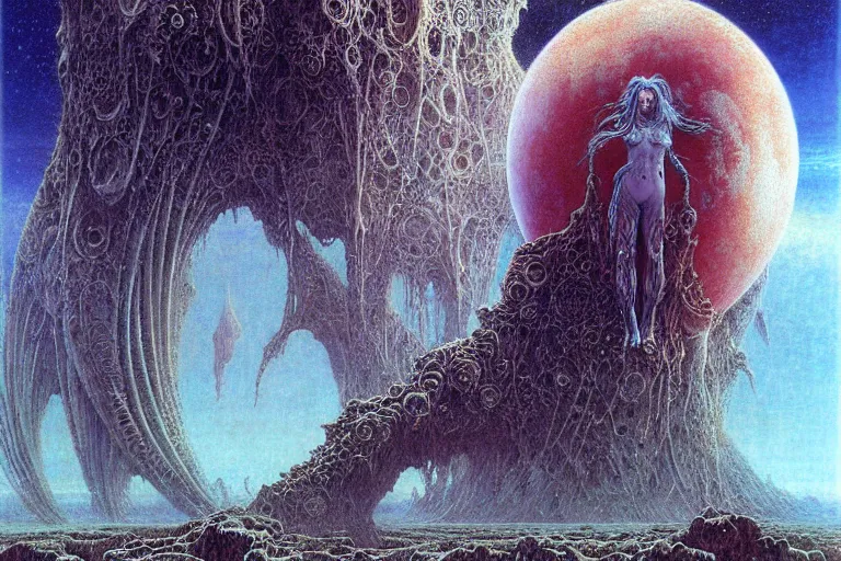 Image similar to cute young alyson hannigan with short hairs on lovecraftian planet by jean delville by luis royo and wayne barlowe, beksinski