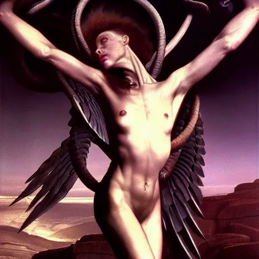 Image similar to still frame from Prometheus movie, Slaanesh succubus godess editorial by wayne barlowe by caravaggio by giger by malczewski, contrastive 4k wallpaper