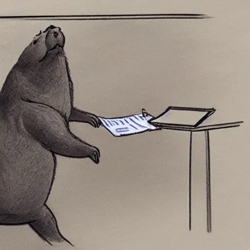 Prompt: court sketch of a capybara defending a parking ticket in a court room