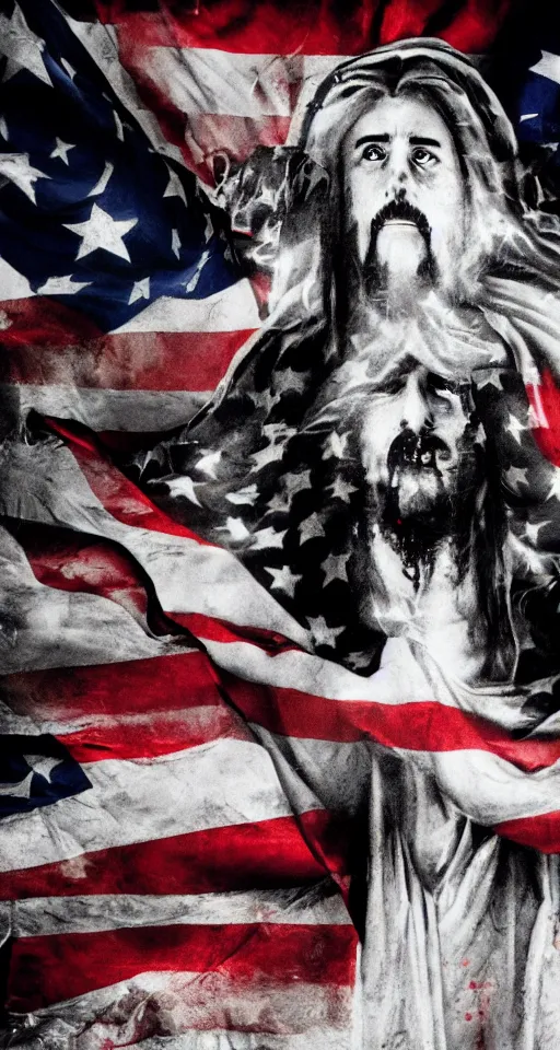 Image similar to ghost emerging from a politician, american flag, jesus christ crying in the background, lomo