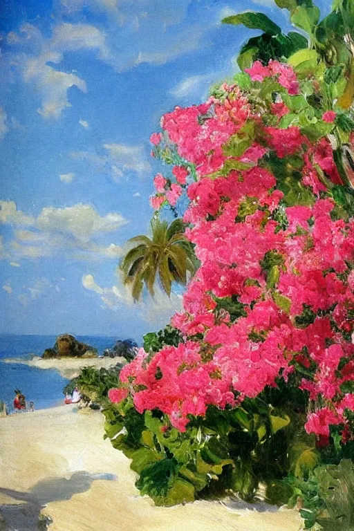 Prompt: beach, rose bunch on the sea surface, a sun in the sky bougainvillea palms, painting by john singer sargent