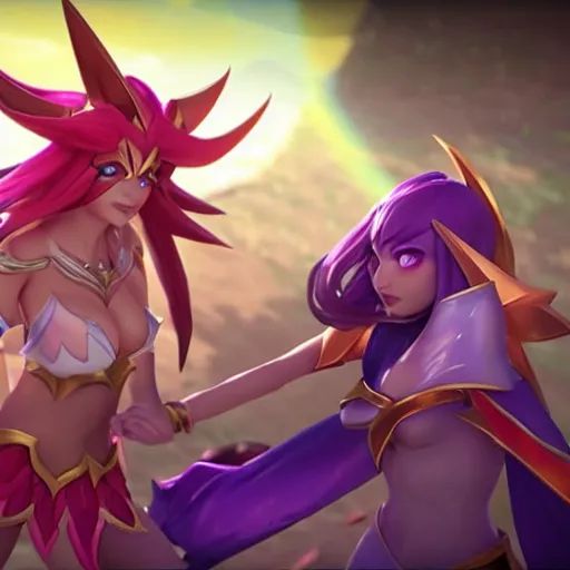 Prompt: star guardian xayah and star guardian kai'sa are friends, league of legends, by weta digital, 3 - dimensional, rays of shimmering light