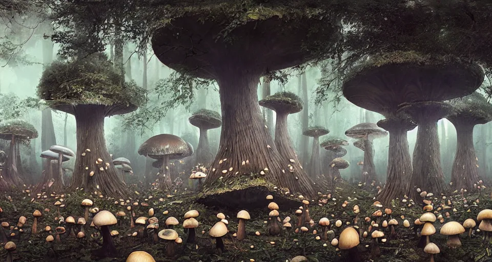 Prompt: A tribal village in a forest of giant mushrooms, by Jeremy Geddes