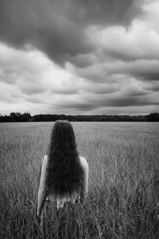 Image similar to kodak ultramax 4 0 0 photograph of a girl with long hair standing in a field, stormy clouds, wicked clouds, big clouds, back view, grain, faded effect, vintage aesthetic,
