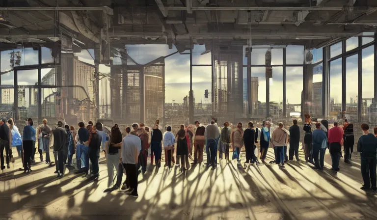 Image similar to large group people in simple warehouse, looking at hologram of futuristic downtown on a table, cinematic concept art, godrays, golden hour, natural sunlight, 4 k, clear details, tabletop model buildings, center model buildings, hologram center, crane shot, crane shot, crane shot, clear details, windows