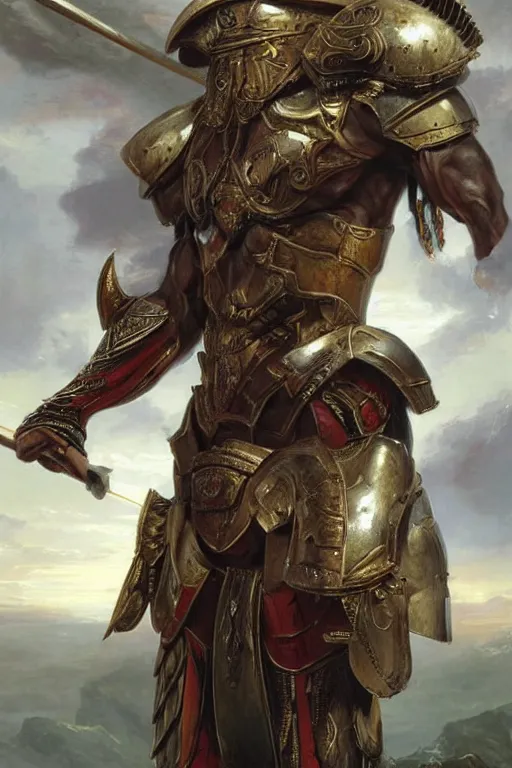 Prompt: a powerful and muscular make african warrior , half body portrait, blond hair, ornate armour, realistic oil painting by Thomas Cole and Wayne Barlowe and Boris Valejo
