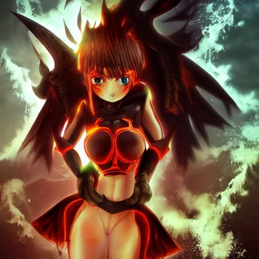 Prompt: portrait focus of a very hot!!! demon 3D anime girl, Obsidian armor wearing, dark volcano background, ash falling, bokeh, inspired by Masami Kurumada, digital painting, high contrast, unreal engine render, volumetric lighting, high détail