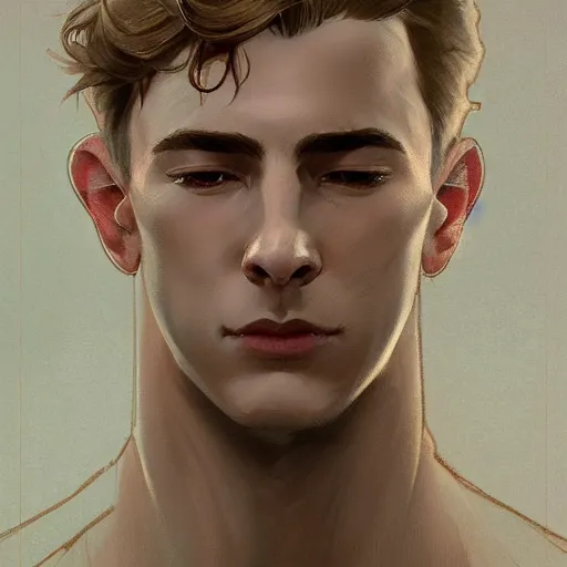 Prompt: Lucius with closed eyes smiling, clean shaven young androgynous, very detailed sharp angular masculine face, hooked nose and square jaw long fluffy curly blond hair, light blond hair, gorgeous, beautiful, intricate, highly detailed, digital painting, artstation, concept art, sharp focus, illustration, art by greg rutkowski and alphonse mucha