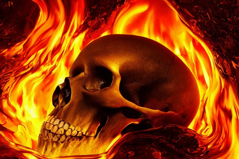 Prompt: human skull enveloped in a liquid flame simulation, fiery tendrils, glowing highlights, intricate, cinematic, hyper realism, 8k, depth of field, bokeh, iridescent accents, artwork by Tooth Wu and wlop and greg rutkowski