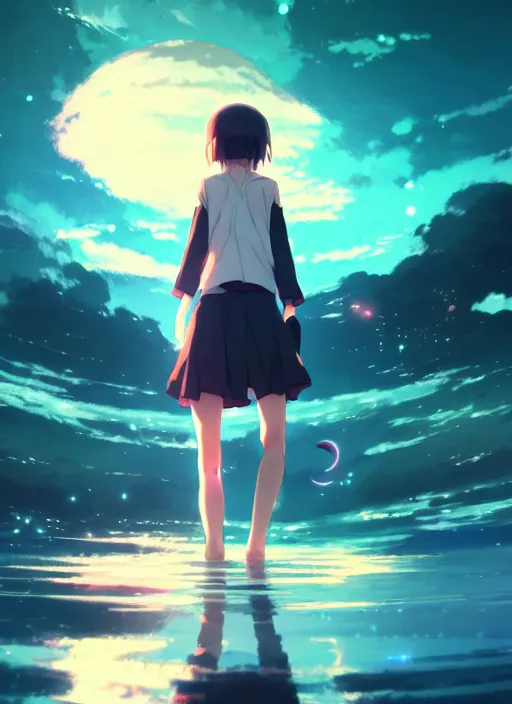 Image similar to anime girl walking on water, ripples, backdrop of dawn, saturn in the background, illustration, concept art, anime, key visual, trending pixiv fanbox by wlop and greg rutkowski and makoto shinkai and studio ghibli