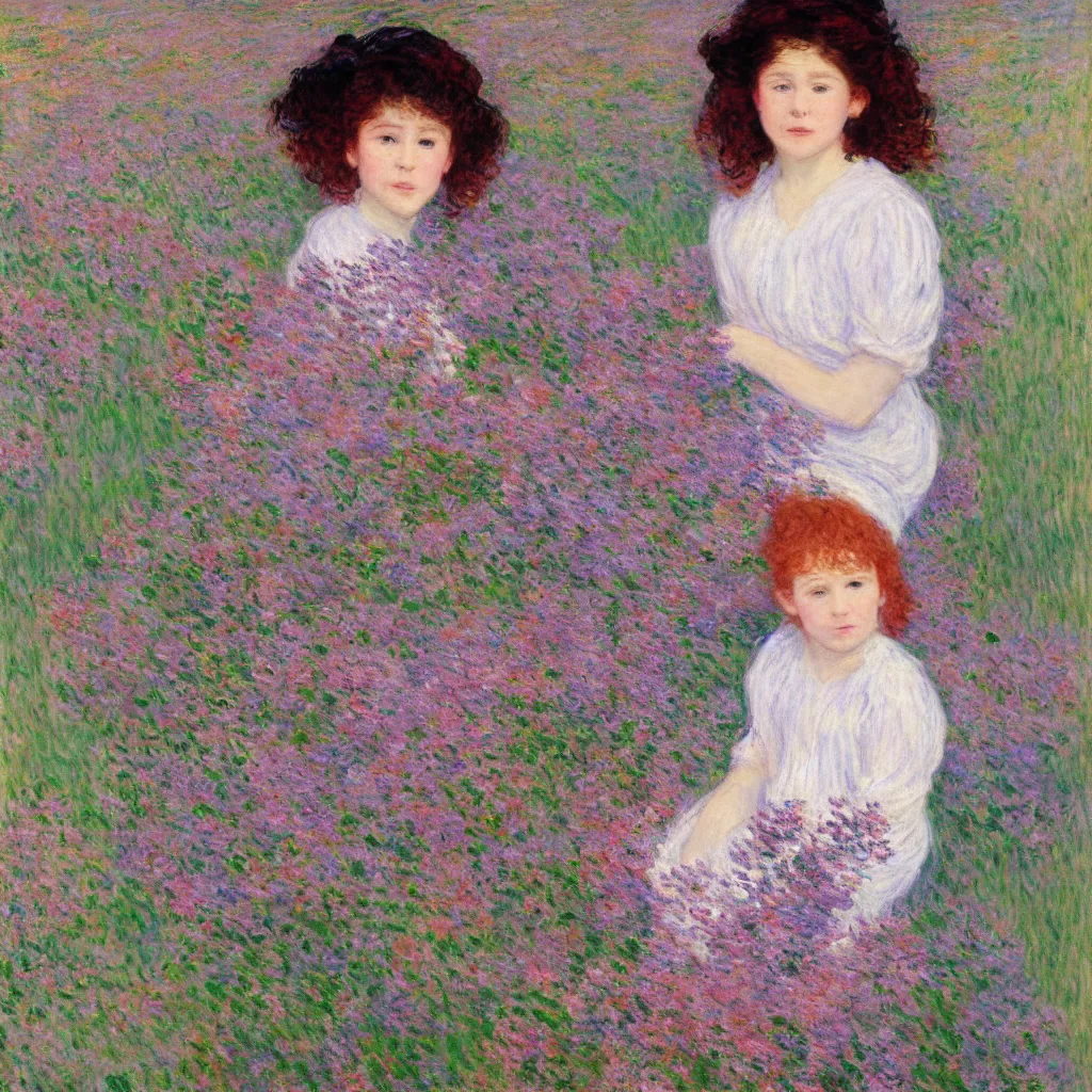 Image similar to portrait of cute girl with short curly red hair sitting in a field of lilac flowers, Monet painting