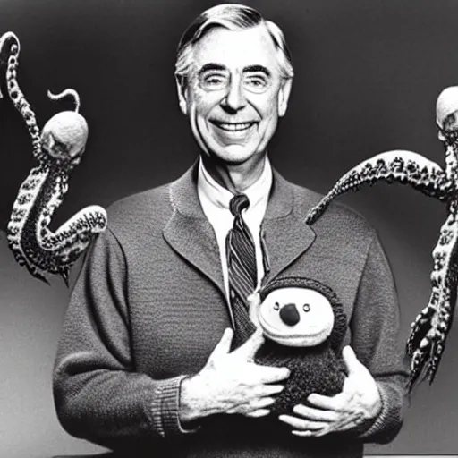 Image similar to mr. rogers proudly displaying a smaller mr. rogers made of octopus, color 1 9 7 0 s photo