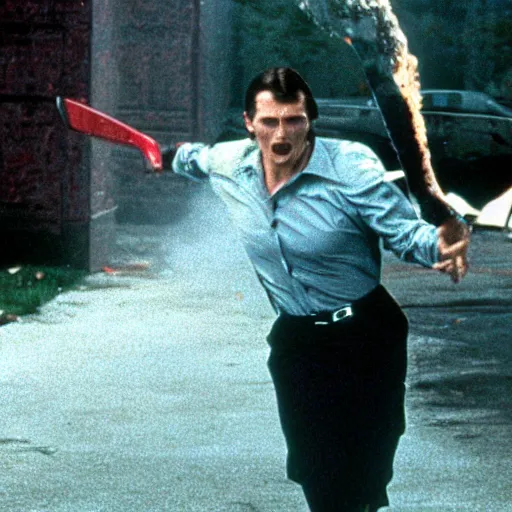 Image similar to film still of christian bale running with a chainsaw in american psycho ( 1 9 9 9 )