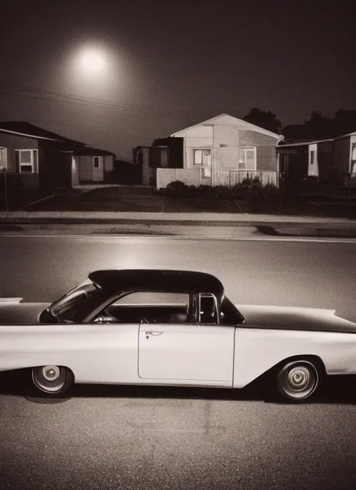 Image similar to a detailed photographic render of a 1 9 6 0 s american neighborhood at night by todd hido, photoreal, 4 k, mist, rule of thirds