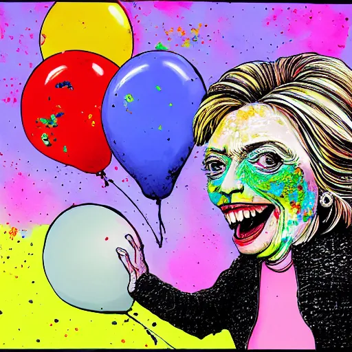 Prompt: Hillary Clinton with a lizard face looking at brightly colored balloons, Ralph steadman, psychedelic, surreal, ink splatter, detailed, 4k