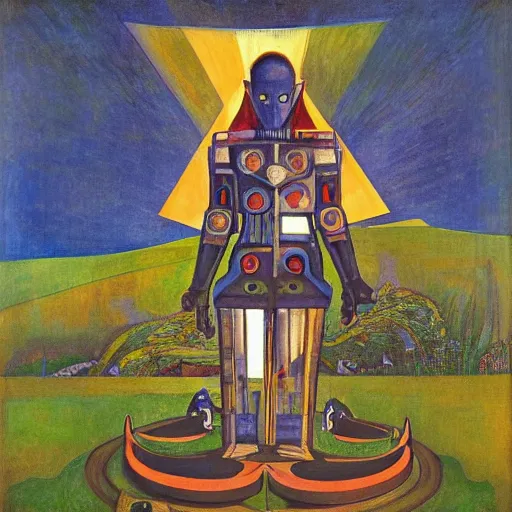 Image similar to the crow in her robot mask stands on the lawn, by annie swynnerton and kit williams and diego rivera and leo and diane dillon and nicholas roerich, symbolist, dramatic lighting, elaborate geometric ornament, art brut, god rays, soft cool colors, smooth, sharp focus, extremely detailed