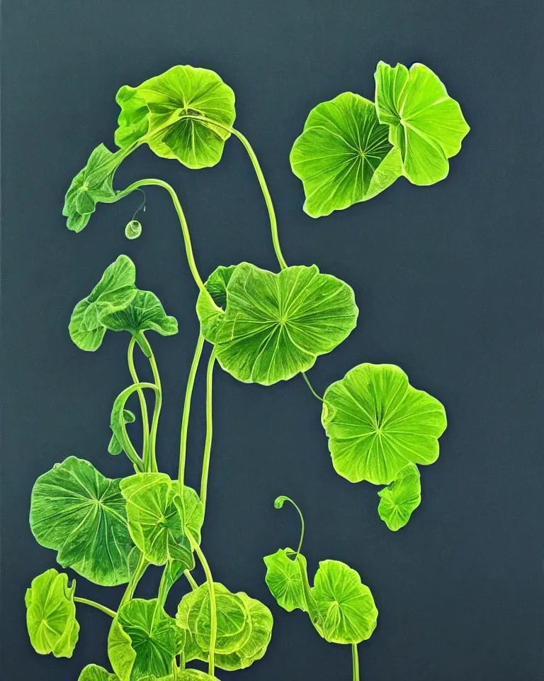 Image similar to photorealistic still life of nasturtium surrounded by blueish smoke with soft light piercing through a side window in a pitch black dark room