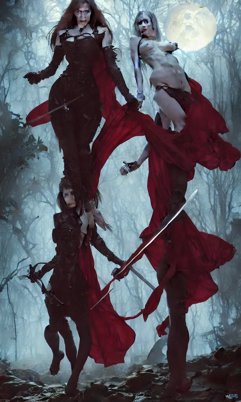 Image similar to full figure, female vampire, pale skin, red cloath, holding a sword wrapped in blue sparkling magic, walking towards the camera, camera pulled back far, detailed illustration, intricate details, surrounded by werewolves, 8 k post processing, scary atmospheric lighting, photoshop, hyper realistic art by artgerm and greg rutkowski and alphonse mucha and lee bermejo