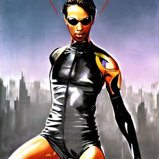 Image similar to Trinity the matrix, Female sprinter in athletic attire with cyborg legs, metal body, diesel punk, athletic footage, 1960's olympics, artstation, hyperdetailed, art deco stadium, painting by sargent