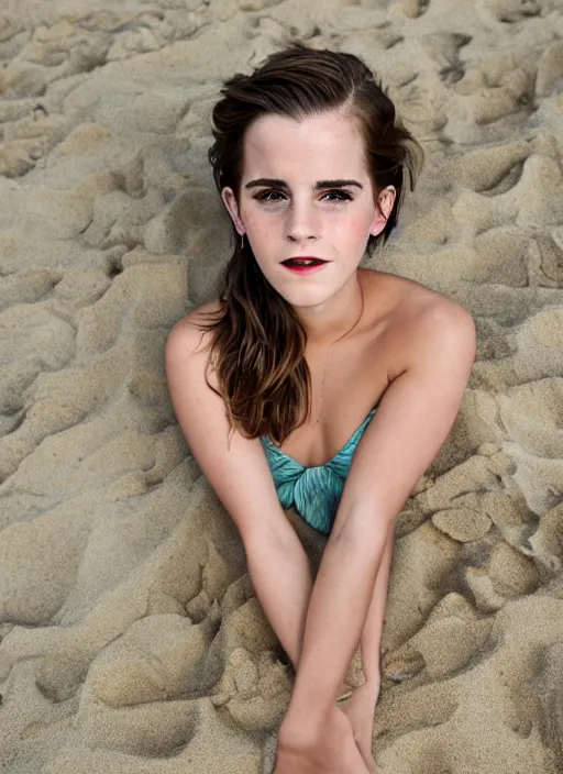 Prompt: Emma Watson for Victorian Secret, perfect face, hot summertime hippie, hot psychedelic swimsuit, sandy tropical beach, cloudy day, full length shot, shooting angle from below, XF IQ4, 150MP, 50mm, f/1.4, ISO 200, 1/160s, natural light, Adobe Photoshop, Adobe Lightroom, DxO Photolab, Corel PaintShop Pro, rule of thirds, symmetrical balance, depth layering, polarizing filter, Sense of Depth, AI enhanced