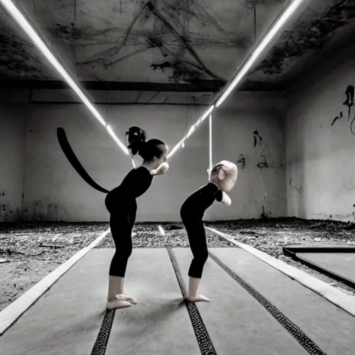 Prompt: a cinematic award winning 4 k photo of two girls doing gymnastics in a dark scary abandoned gymnasium in cynobyl