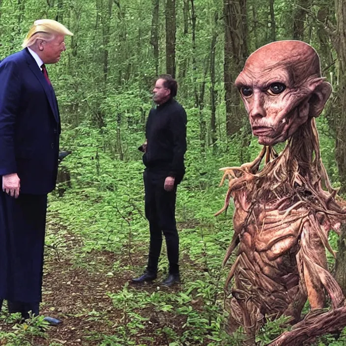 Prompt: A blurry ominous footage capture of Donald Trump in the woods talking to an alien