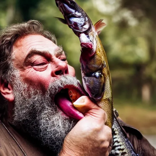 Image similar to close up shot of brian blessed swallowing a fish whole. photography, photographic