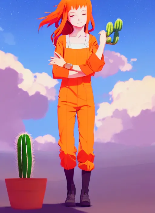 Image similar to portrait of cute redhead girl in orange jumpsuit with fox ears by ilya kuvshinov, holding a cactus, cloudy sky background lush landscape illustration concept art anime key visual trending pixiv fanbox by wlop and greg rutkowski and makoto shinkai and studio ghibli