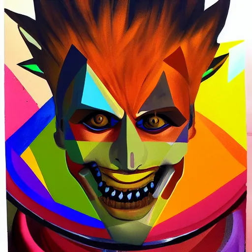 Prompt: A portrait of Junkrat, geometric shapes, vibrant colors, spray paint, rounded corners