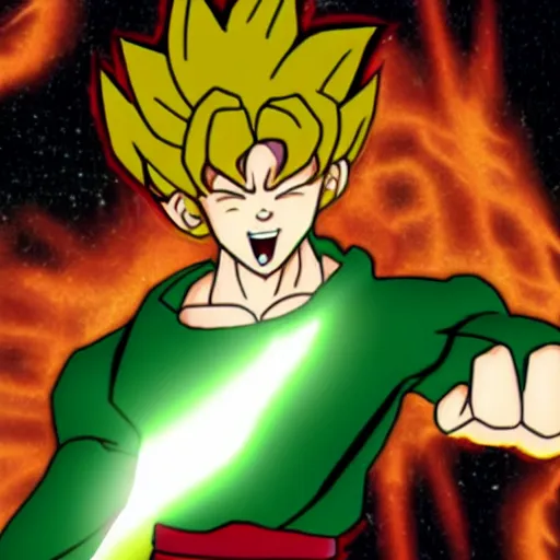 Image similar to shaggy rogers(as the legendary super saiyan) powering up to beyond 100% power