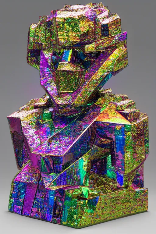 Image similar to a multicolored bismuth golem, an abstract sculpture by ryusei kishida, polycount, crystal cubism, angular, iridescent, made of crystals