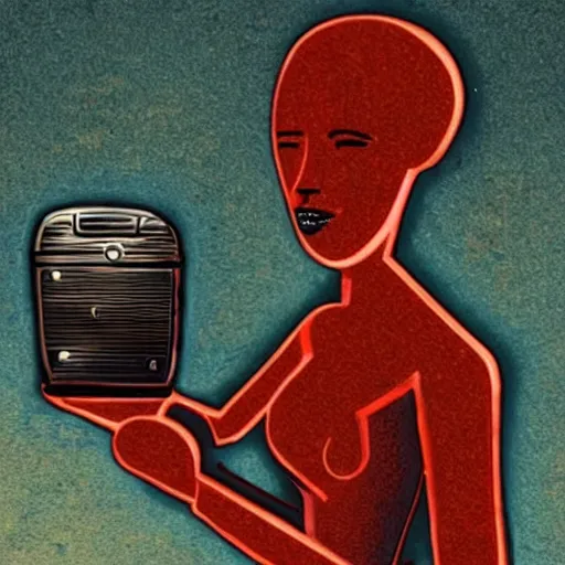 Image similar to a rusting female android holds a broken toaster in her arms