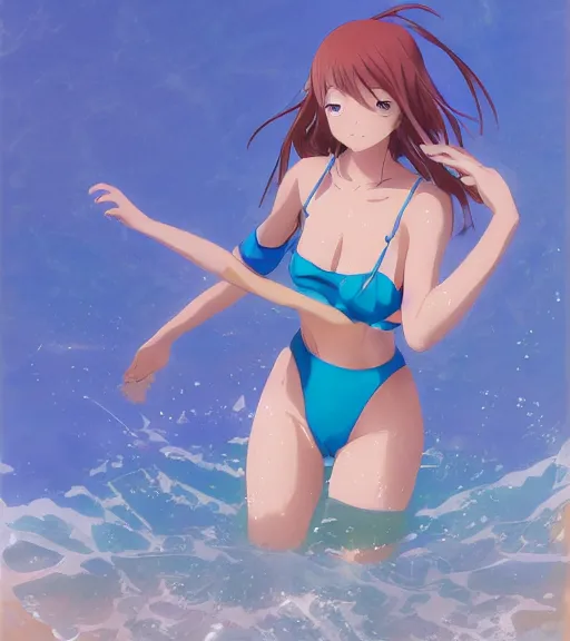 Prompt: an anime girl wading in the beach, waist deep in the water, ripples, facing the camera, full shot, wearing blue swimsuit. By Makoto Shinkai, Stanley Artgerm Lau, WLOP, Rossdraws, James Jean, Andrei Riabovitchev, Marc Simonetti, krenz cushart, Sakimichan, trending on ArtStation, digital art.