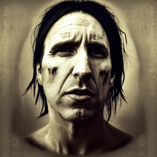 Image similar to portrait of trent reznor with long hair as a zombie by lee jeffries and michael hussar, horror, grotesque, award winning, sony a 7 r, trending on artstation