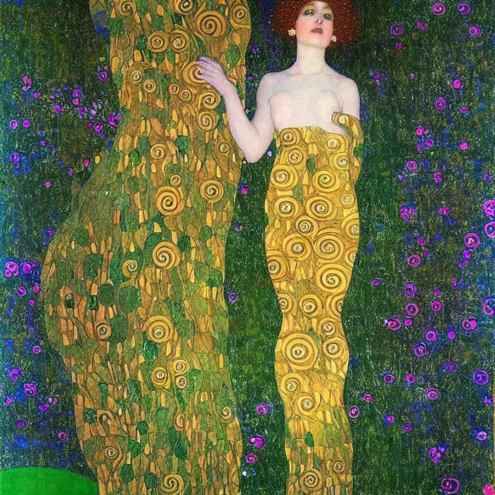 Prompt: a beautiful ethereal goddess entwined in ivy, a luminescent ray of light, shimmering and prismatic, gustav klimt style
