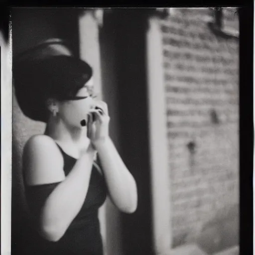 Prompt: a beautiful instant photograph of a short hair woman smoking in the street, leaning on the wall, polaroid, technicolor, light leak, raw,