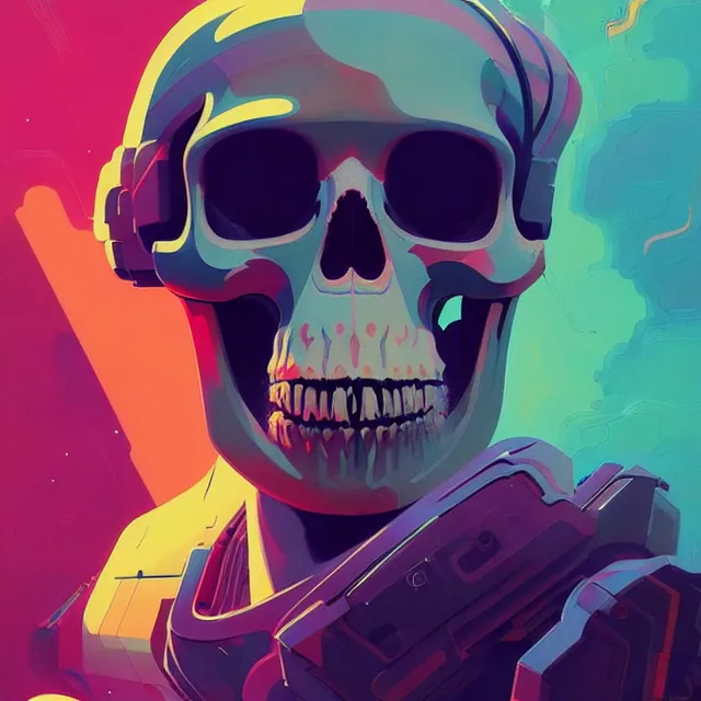 Prompt: a beautiful painting of a 7 0 s sci - fi skull by sachin teng and pascal blanche and john harris and greg rutkowski. in style of futurism art. ( ( colorful comic ) ), film noirs, brush stroke, vibrating colors, hyper detailed. 4 k texture. octane render. trending on artstation