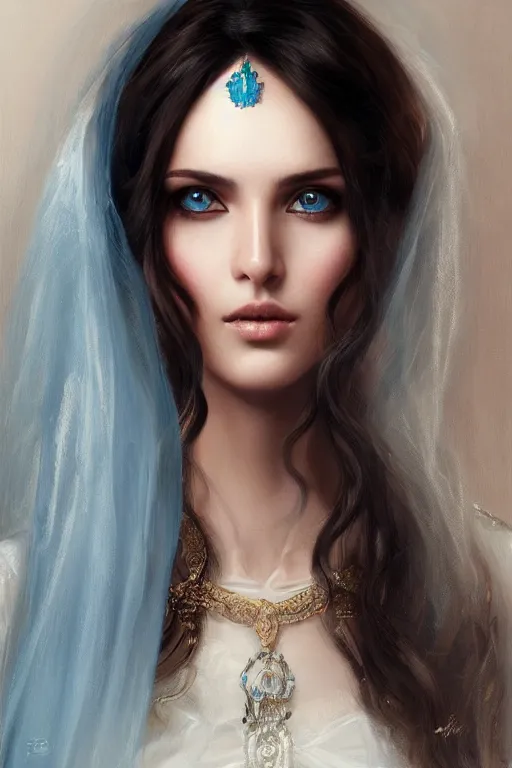 Image similar to brown ameera al taweel, bright blue eyes, long wavy black hair, white veil, front closeup, cinnamon #b57e59 skin color, elegant, highly detailed, centered, oil painting, artstation, concept art by tom bagshaw