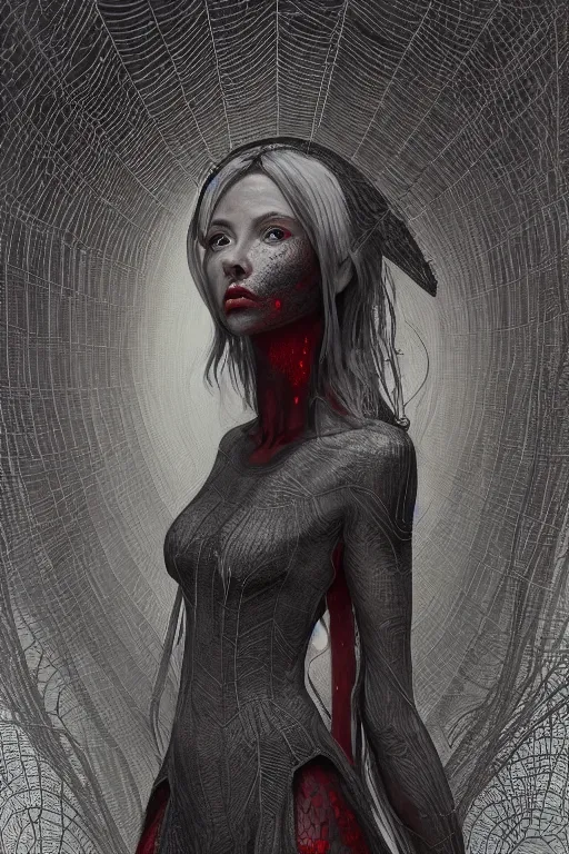 Prompt: full-body portrait of beautiful female grey elf (beautiful, dark grey skin, red eyes, white hair, symmetrical face) wearing a low-cut dress made of spider webs, dark fantasy, D&D, digital art, highly detailed, award winning, concept art, intricate, smooth, sharp focus, art by Greg Rutkowski, art by Ruth Asawa, art by Tim Burton, art by Ted Nasmith, art by H.R. Giger