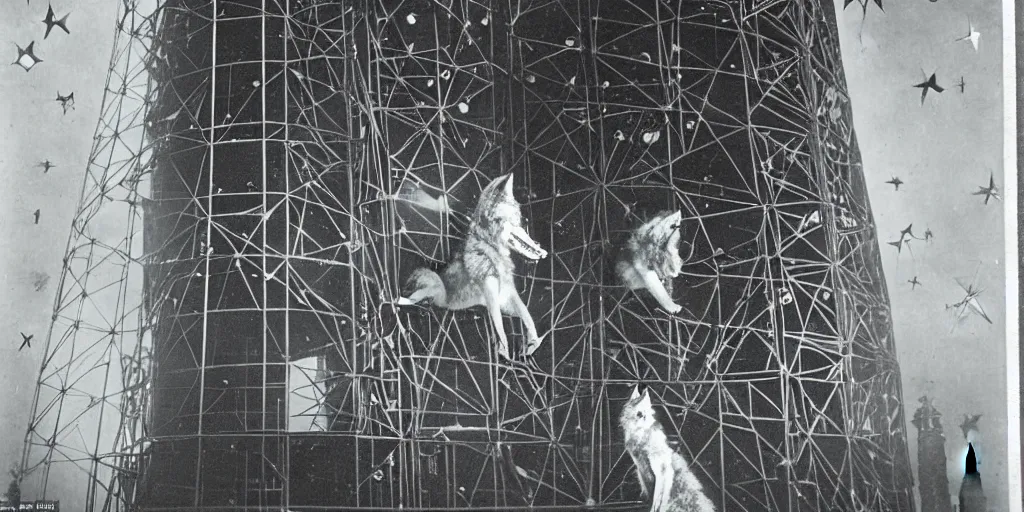 Prompt: anthropomorphic furry wolf inside a giant automaton tower that tracks the stars, 1900s photograph