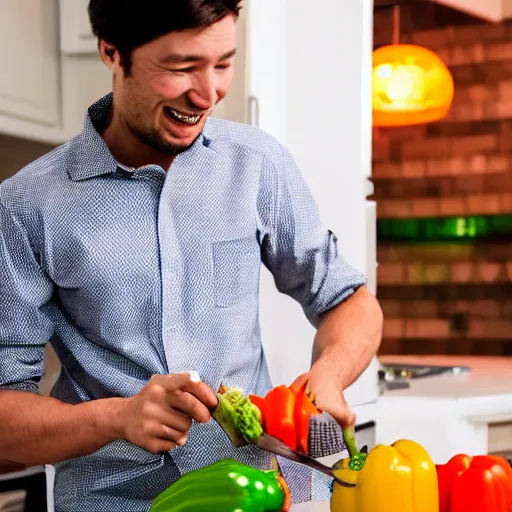 Prompt: husband chopping vegetables, wearing a collared shirt and dress pants with dress shoes, deranged smile, male android, malfunctioning, sparking, red glowing left eye